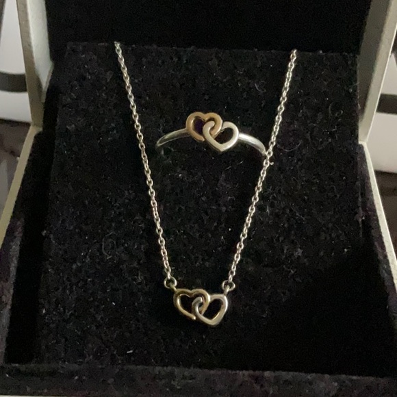 Pandora two tone interlinked heart set of necklace and ring - Picture 2 of 4